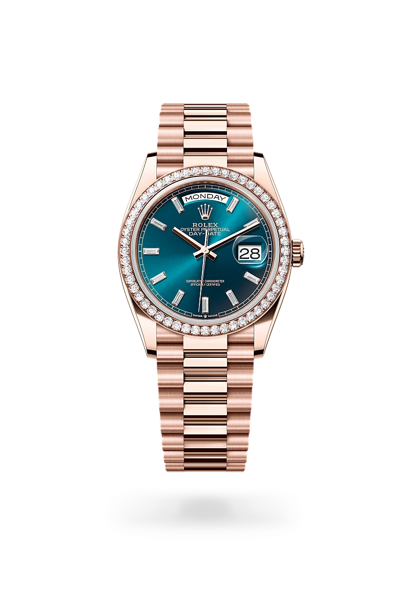 Rolex Day-Date 36 in 18K永恒玫瑰金 with 藍綠色，鑲鑽石 dial, 鑲鑽石 bezel, and 元首型（President），三格拱形鏈節 bracelet