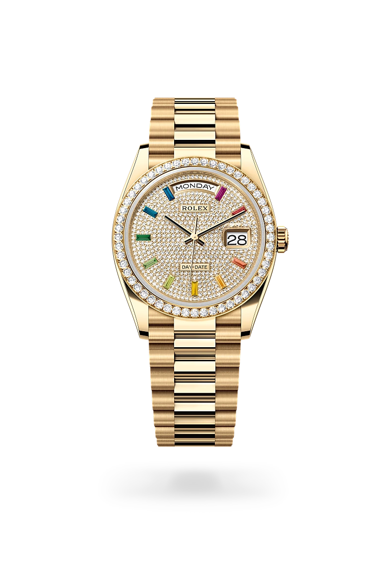 Rolex Day-Date 36 in 18K黃金 with 密鑲鑽石 dial, 鑲鑽石 bezel, and 元首型（President），三格拱形鏈節 bracelet