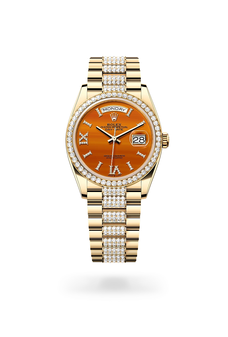 Rolex Day-Date 36 in 18K黃金 with 紅玉髓，鑲鑽石 dial, 鑲鑽石 bezel, and 鑲鑽元首型（President） bracelet