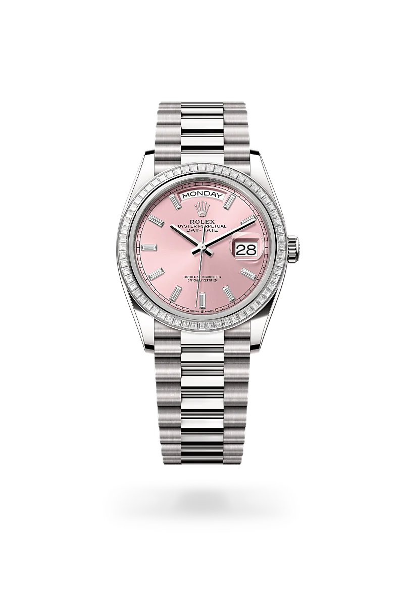 Rolex Day-Date 36 in 18K白色黃金 with 粉紅色，鑲鑽石 dial, 鑲鑽石 bezel, and 元首型（President），三格拱形鏈節 bracelet
