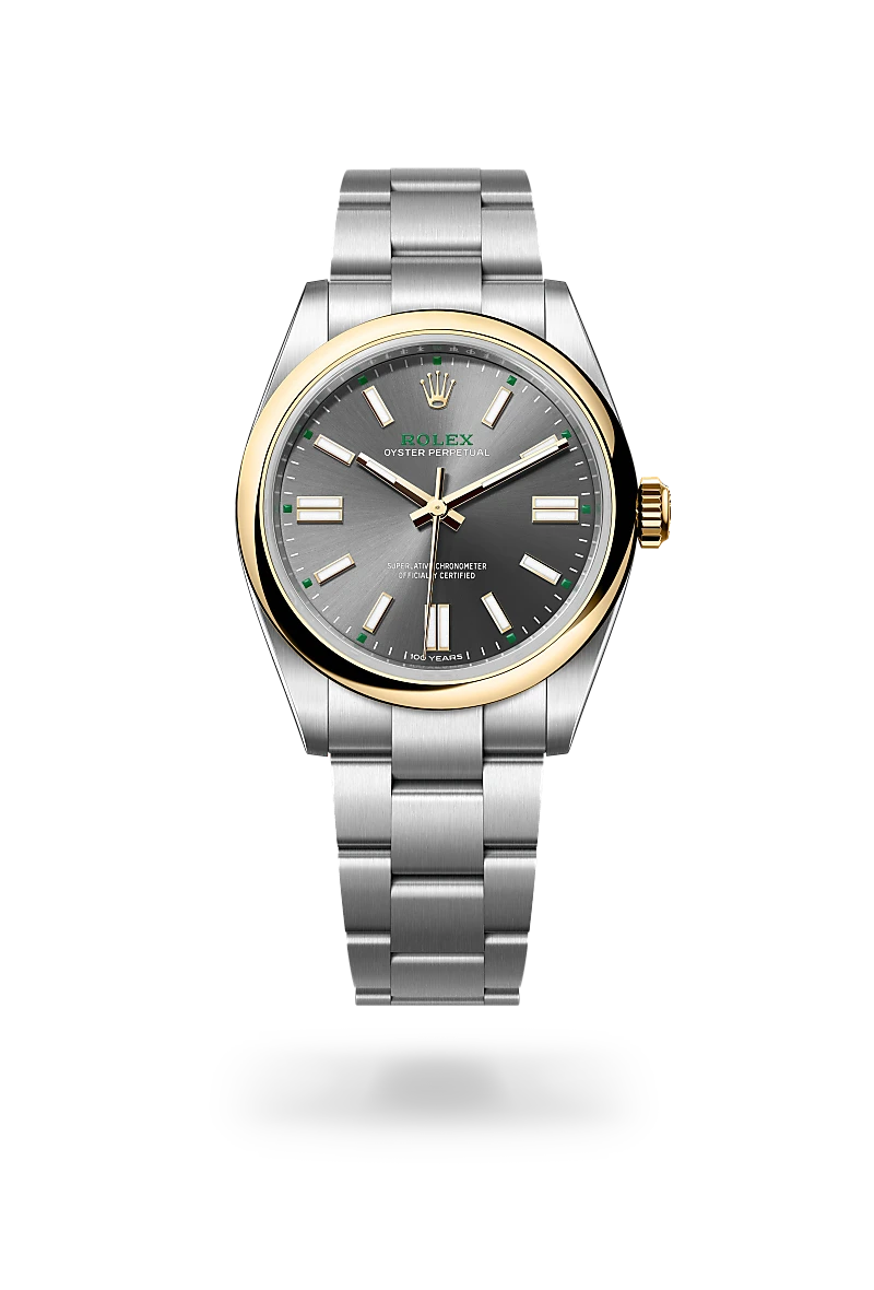 Rolex Oyster Perpetual 41 in Yellow Rolesor - combination of Oystersteel and yellow gold with Slate dial, Domed bezel, and Oyster, three-piece solid links bracelet