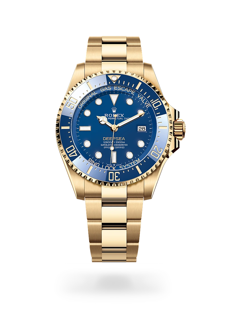 Rolex Rolex Deepsea in 18K黃金 with 藍色 dial, 單向旋轉60分鐘刻度外圈，配防刮損藍色Cerachrom陶質字圈，鍍金數字及刻度 bezel, and 蠔式（Oyster），三格實心鏈節 bracelet