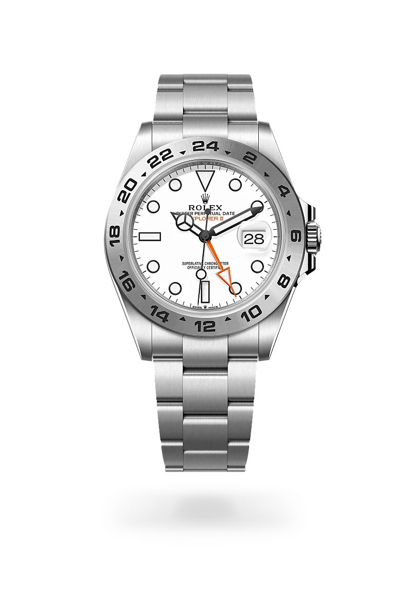 Rolex Explorer II in Oystersteel with White dial, Fixed, 24-hour graduated bezel, and Oyster, three-piece solid links bracelet