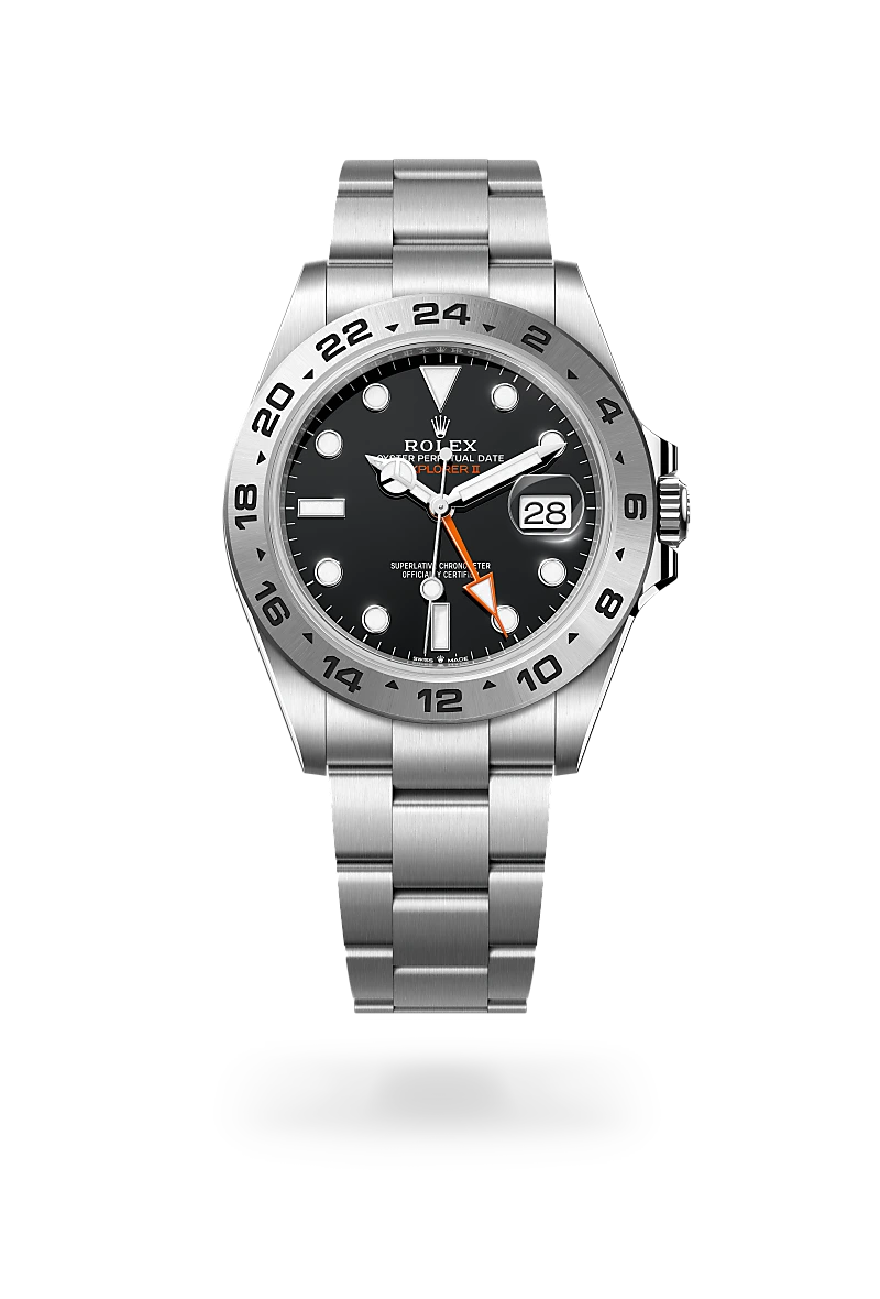 Rolex Explorer II in Oystersteel with Black dial, Fixed, 24-hour graduated bezel, and Oyster, three-piece solid links bracelet
