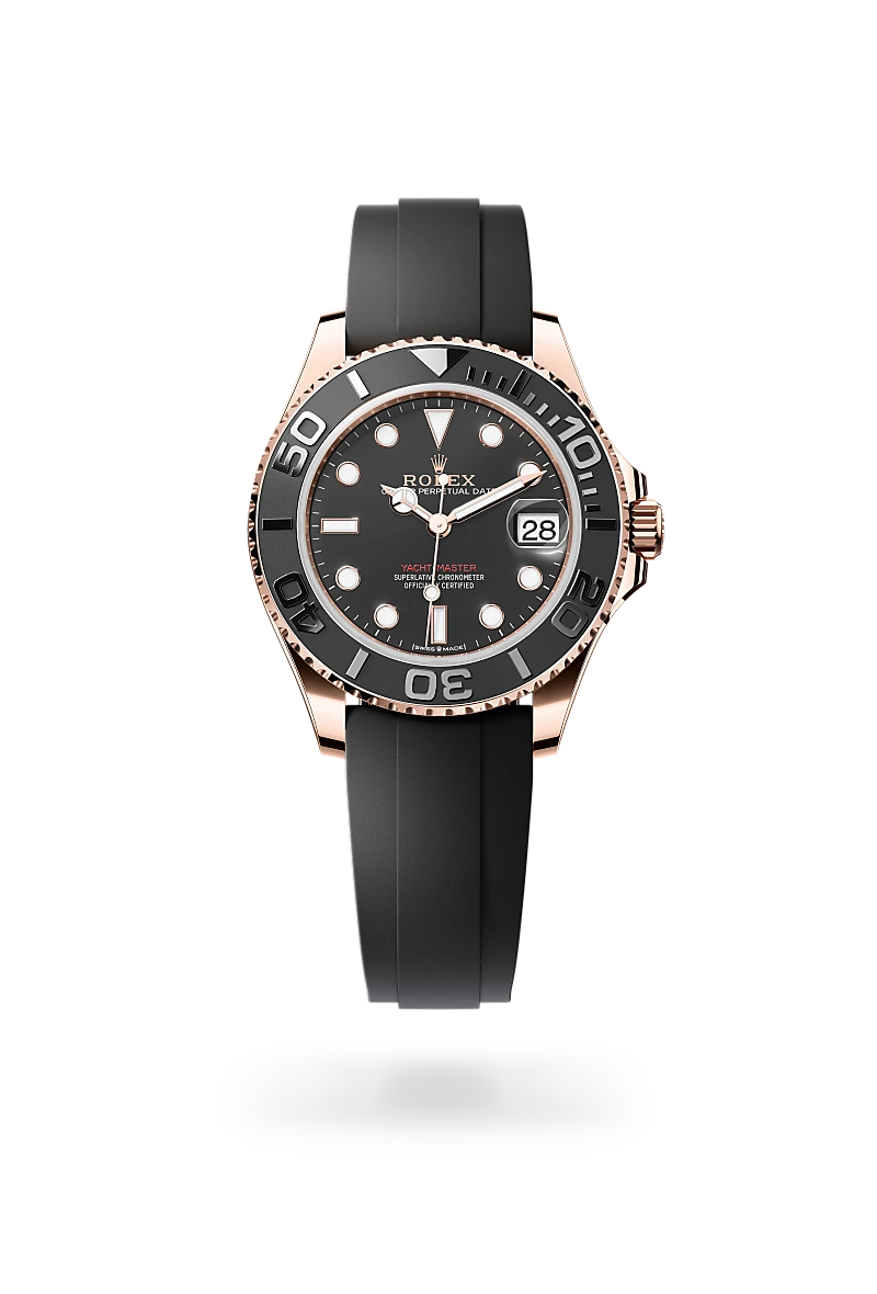 Rolex Yacht-Master 37 in 18K永恒玫瑰金 with 醇黑色 dial, 雙向旋轉60分鐘刻度外圈，配啞黑色Cerachrom陶質字圈、磨光立體數字及刻度 bezel, and Oysterflex bracelet