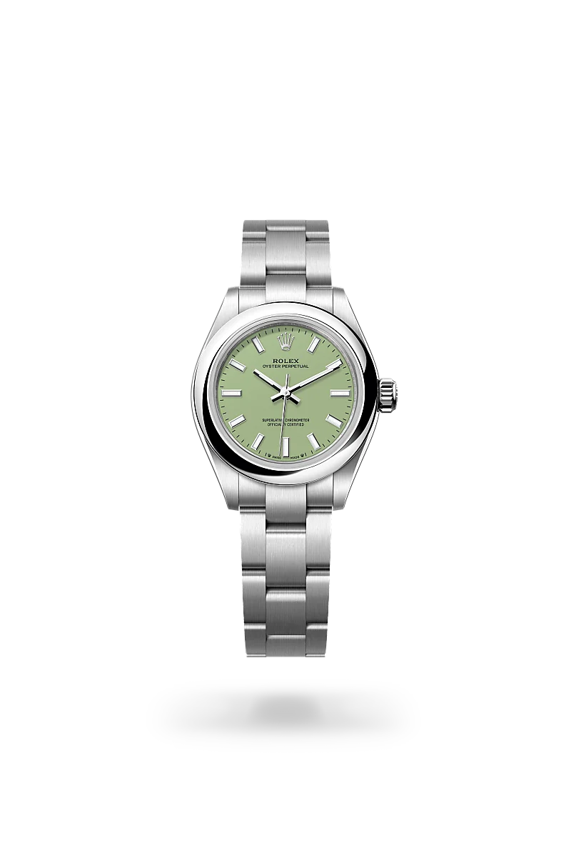 Rolex Oyster Perpetual 28 in Oystersteel with Pistachio dial, Domed bezel, and Oyster, three-piece solid links bracelet
