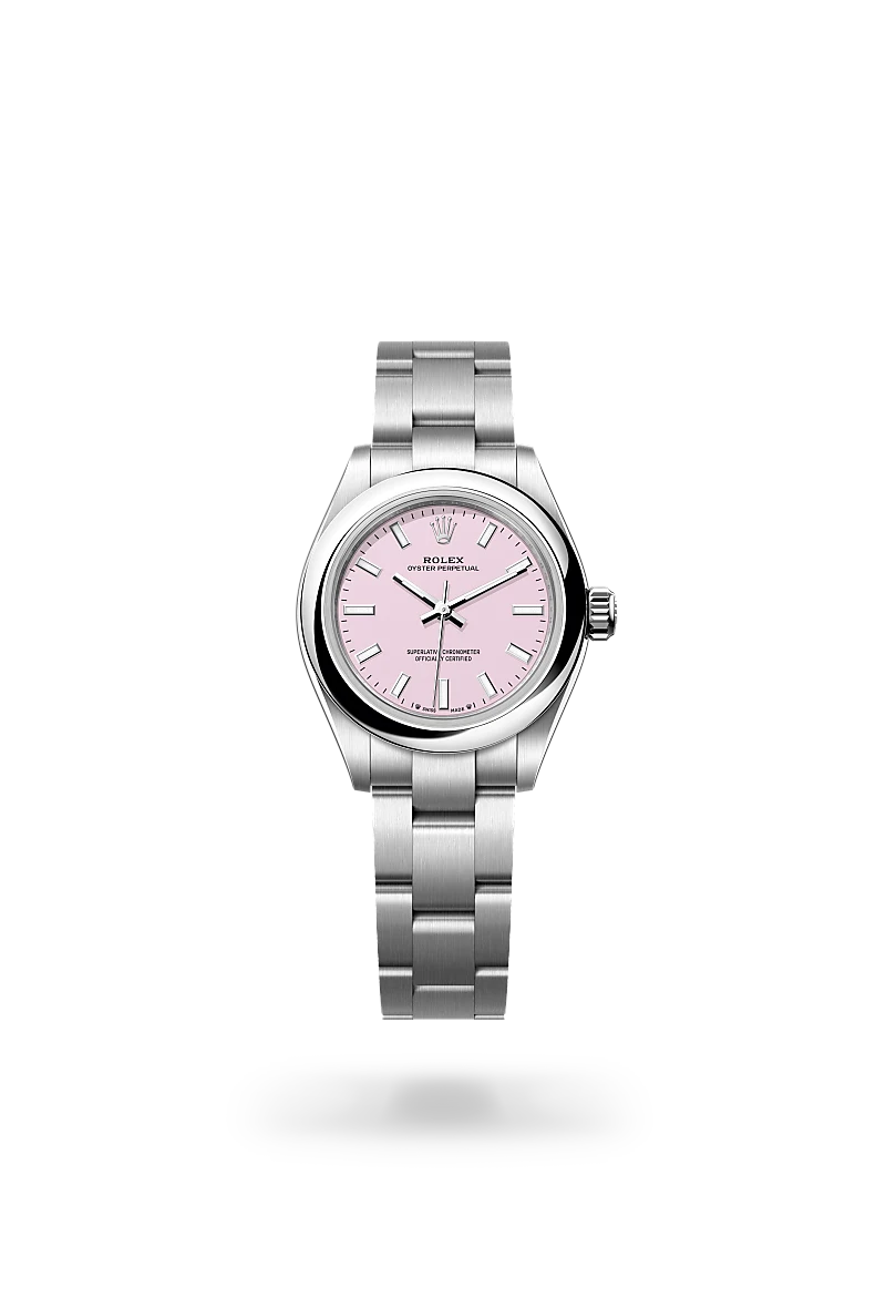 Rolex Oyster Perpetual 28 in Oystersteel with Candy pink dial, Domed bezel, and Oyster, three-piece solid links bracelet