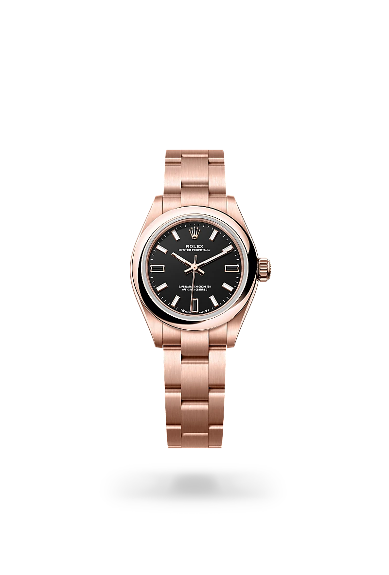 Rolex Oyster Perpetual 28 in 18 ct Everose gold with Black dial, Domed bezel, and Oyster, three-piece solid links bracelet