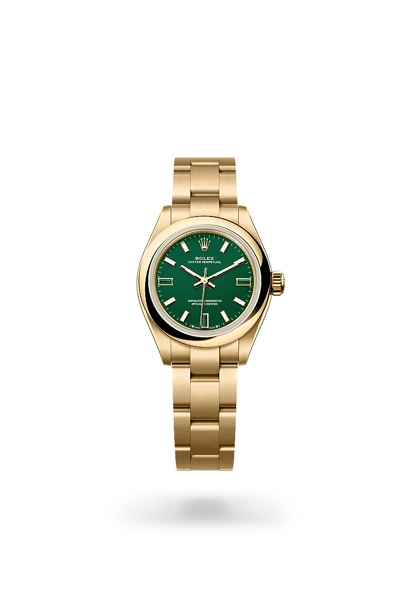 Rolex Oyster Perpetual 28 in 18 ct yellow gold with Green stone dial, Domed bezel, and Oyster, three-piece solid links bracelet