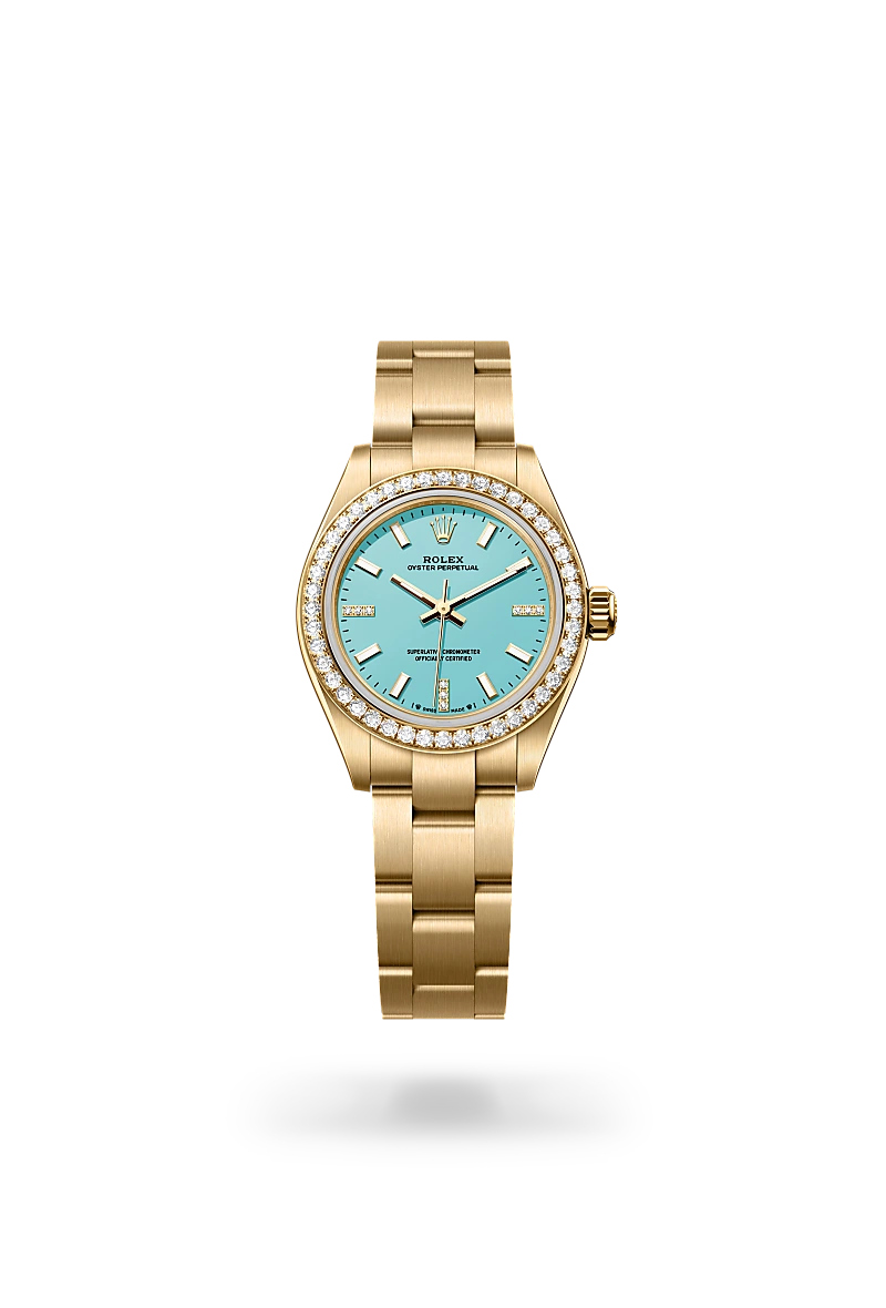 Rolex Oyster Perpetual 28 in 18 ct yellow gold with Turquoise blue set with diamonds dial, Set with 44 brilliant-cut diamonds bezel, and Oyster, three-piece solid links bracelet