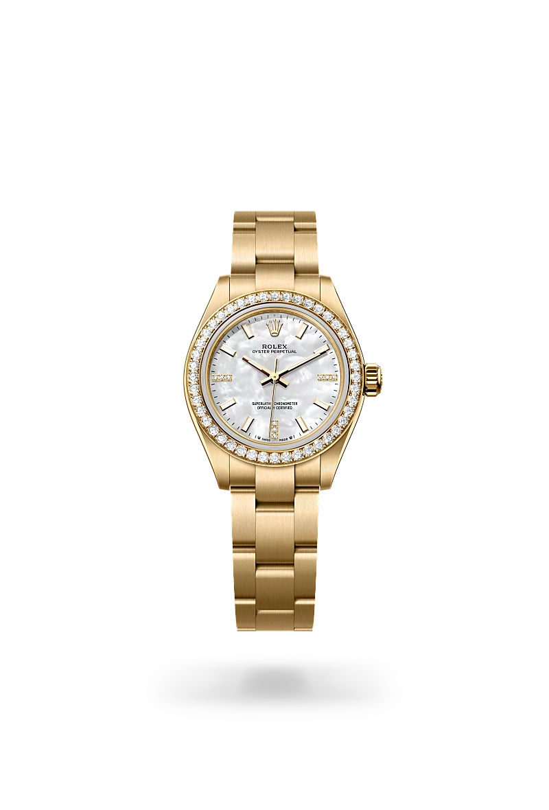 Rolex Oyster Perpetual 28 in 18 ct yellow gold with White mother-of-pearl set with diamonds dial, Set with 44 brilliant-cut diamonds bezel, and Oyster, three-piece solid links bracelet