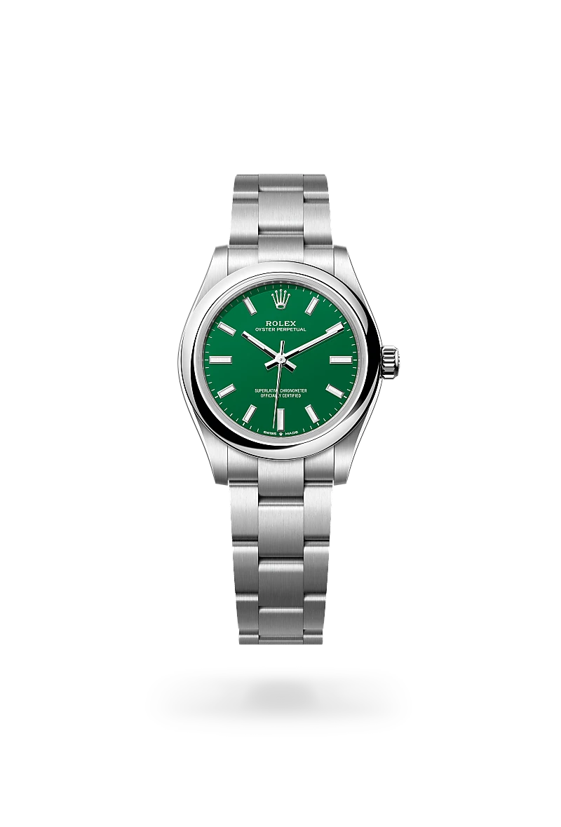Rolex Oyster Perpetual 31 in Oystersteel with Green dial, Domed bezel, and Oyster, three-piece solid links bracelet