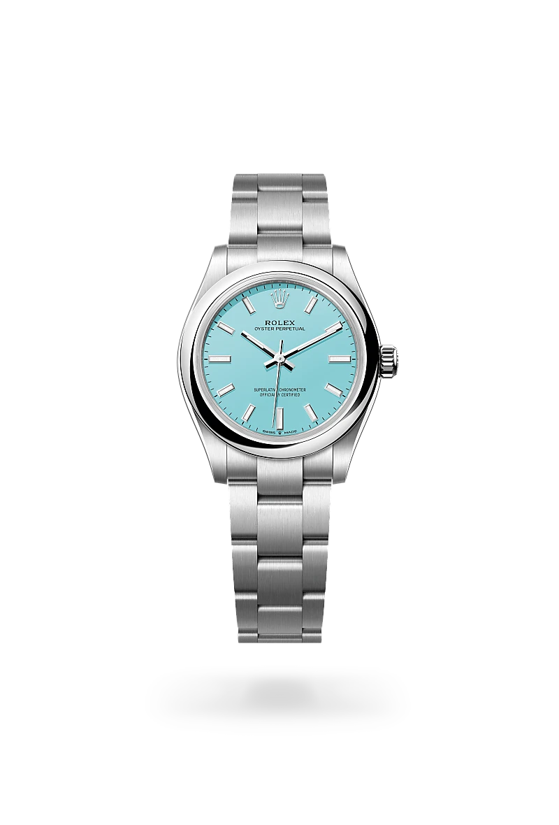Rolex Oyster Perpetual 31 in Oystersteel with Turquoise blue dial, Domed bezel, and Oyster, three-piece solid links bracelet
