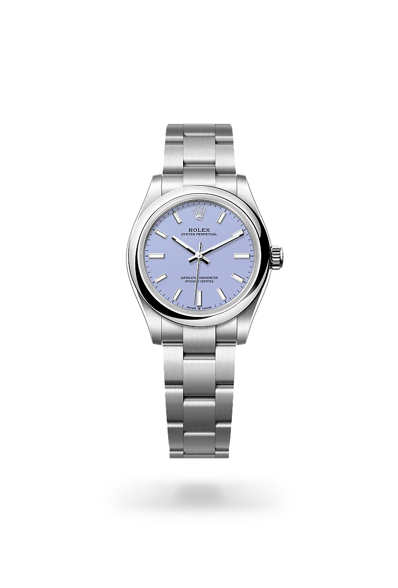 Rolex Oyster Perpetual 31 in Oystersteel with Lavender dial, Domed bezel, and Oyster, three-piece solid links bracelet