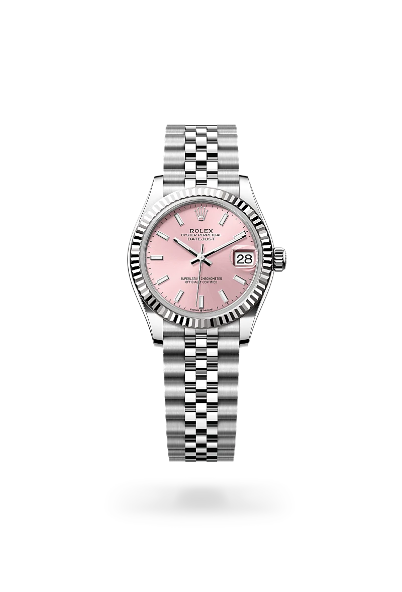 Rolex Datejust 31 in 白色黃金鋼（蠔式鋼與白色黃金的組合） with 粉紅色 dial, 三角坑紋 bezel, and 紀念型（Jubilee），五格鏈節 bracelet
