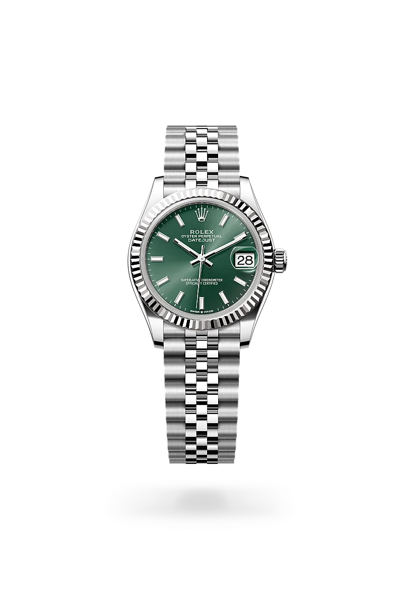 Rolex Datejust 31 in 白色黃金鋼（蠔式鋼與白色黃金的組合） with 薄荷綠色 dial, 三角坑紋 bezel, and 紀念型（Jubilee），五格鏈節 bracelet