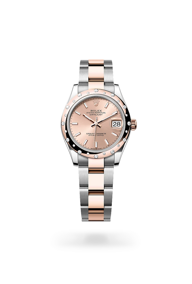 Rolex Datejust 31 in 永恒玫瑰金鋼（蠔式鋼與永恒玫瑰金的組合） with 玫瑰金色 dial, 圓拱形鑲鑽石 bezel, and 蠔式（Oyster），三格實心鏈節 bracelet