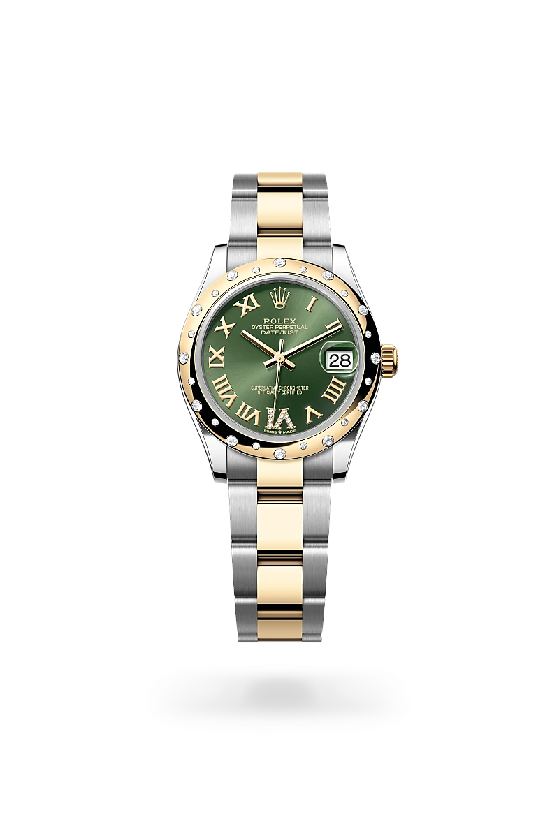 Rolex Datejust 31 in 黃金鋼（蠔式鋼與黃金的組合） with 橄欖綠色，鑲鑽石 dial, 圓拱形鑲鑽石 bezel, and 蠔式（Oyster），三格實心鏈節 bracelet