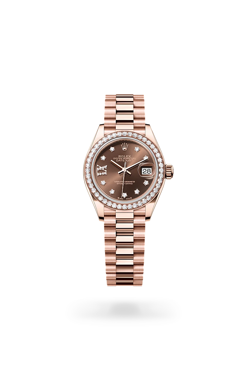Rolex Lady-Datejust in 18K永恒玫瑰金 with 巧克力色，鑲鑽石 dial, 鑲鑽石 bezel, and 元首型（President），三格拱形鏈節 bracelet