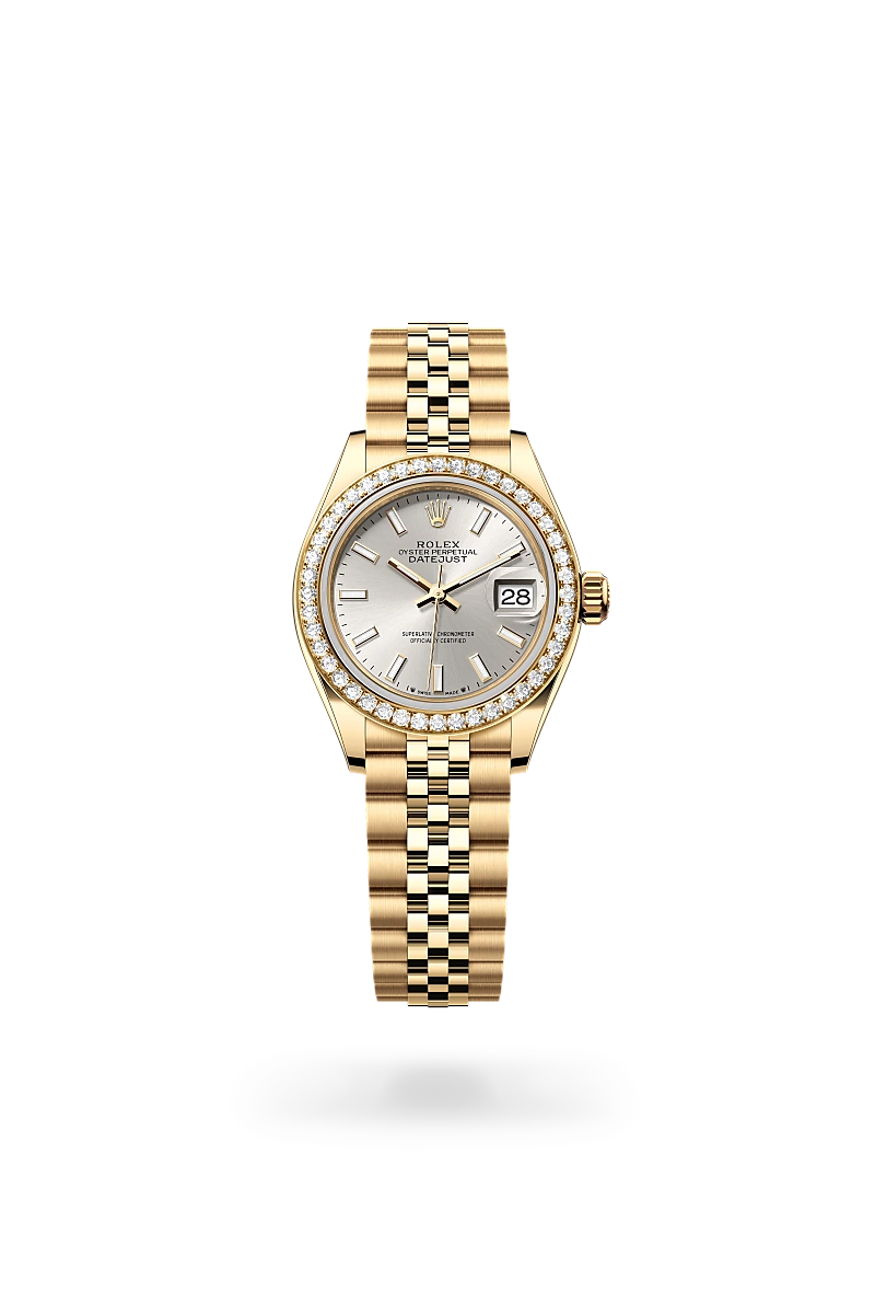 Rolex Lady-Datejust in 18K黃金 with 銀色 dial, 鑲44顆圓形鑽石 bezel, and 紀念型（Jubilee），五格鏈節 bracelet