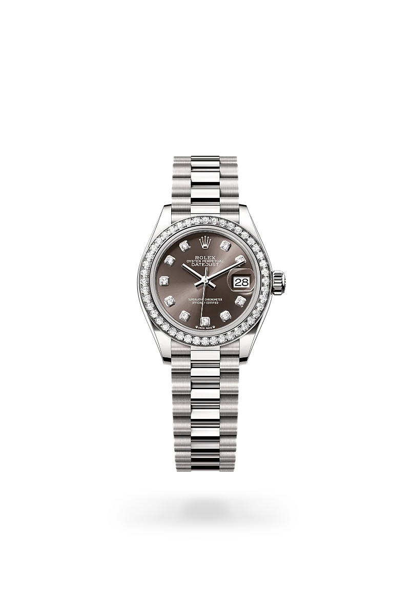 Rolex Lady-Datejust in 18K白色黃金 with 深灰色，鑲鑽石 dial, 鑲44顆圓形鑽石 bezel, and 元首型（President），三格拱形鏈節 bracelet