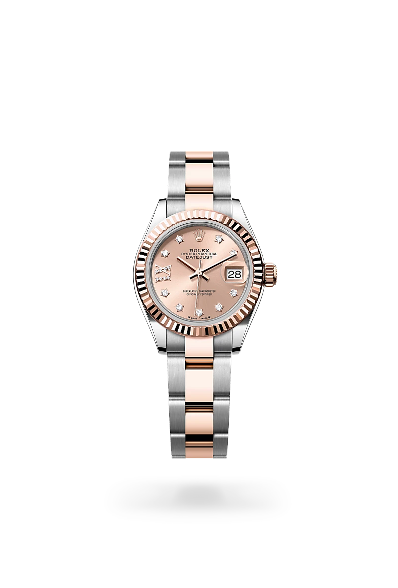 Rolex Lady-Datejust in 永恒玫瑰金鋼（蠔式鋼與永恒玫瑰金的組合） with 玫瑰金色，鑲鑽石 dial, 三角坑紋 bezel, and 蠔式（Oyster），三格實心鏈節 bracelet