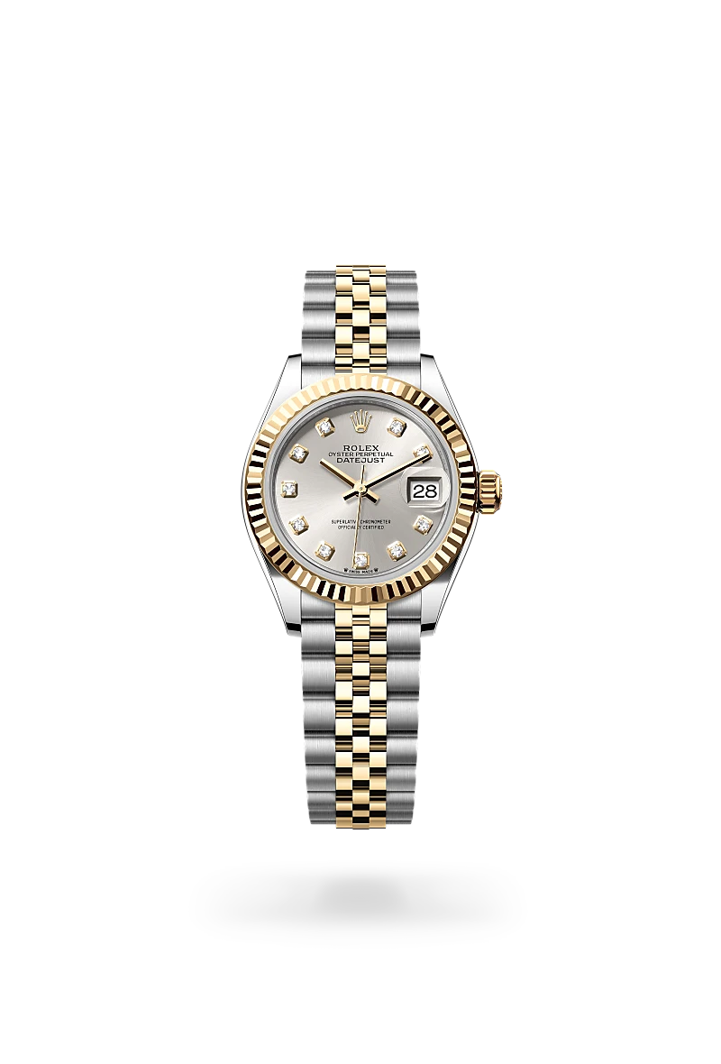 Rolex Lady-Datejust in 黃金鋼（蠔式鋼與黃金的組合） with 銀色，鑲鑽石 dial, 三角坑紋 bezel, and 紀念型（Jubilee），五格鏈節 bracelet