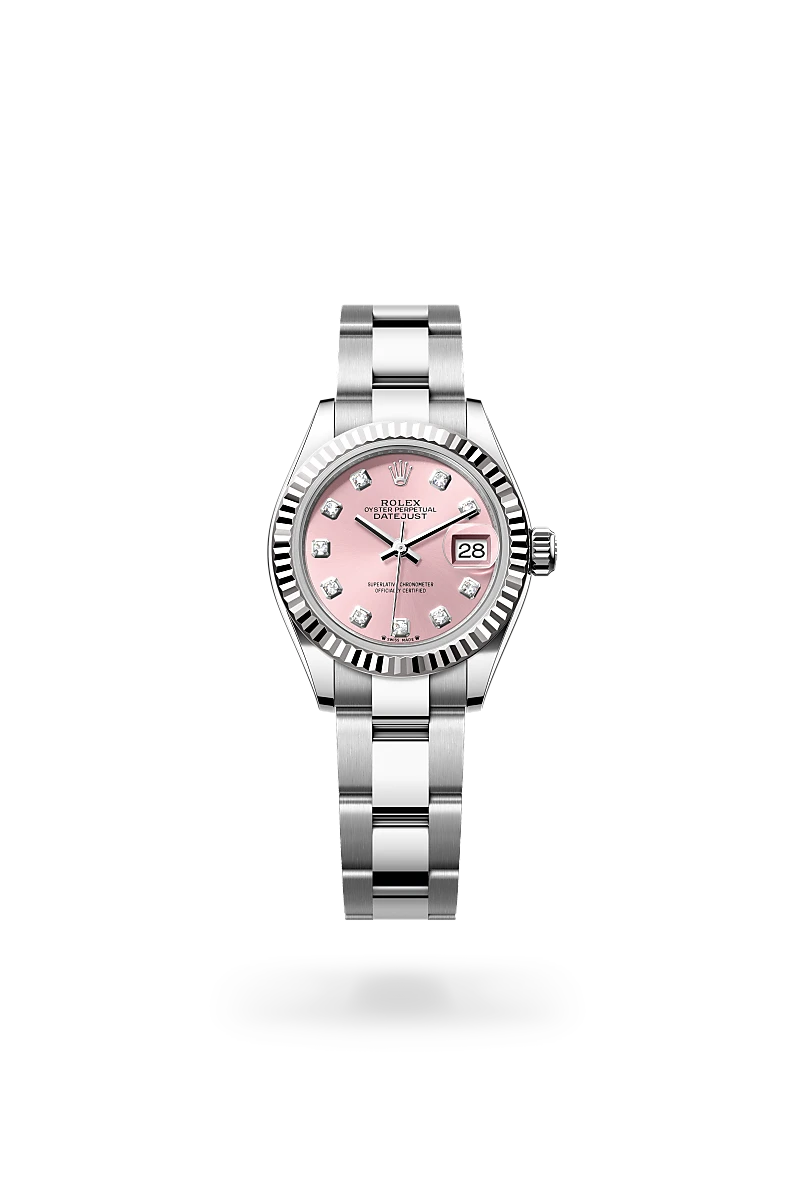 Rolex Lady-Datejust in 白色黃金鋼（蠔式鋼與白色黃金的組合） with 粉紅色，鑲鑽石 dial, 三角坑紋 bezel, and 蠔式（Oyster），三格實心鏈節 bracelet