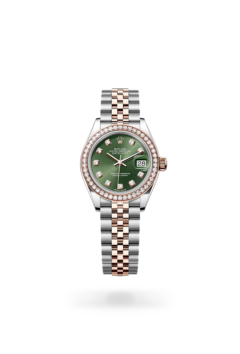 Rolex Lady-Datejust in 永恒玫瑰金鋼（蠔式鋼與永恒玫瑰金的組合） with 橄欖綠色，鑲鑽石 dial, 鑲鑽石 bezel, and 紀念型（Jubilee），五格鏈節 bracelet