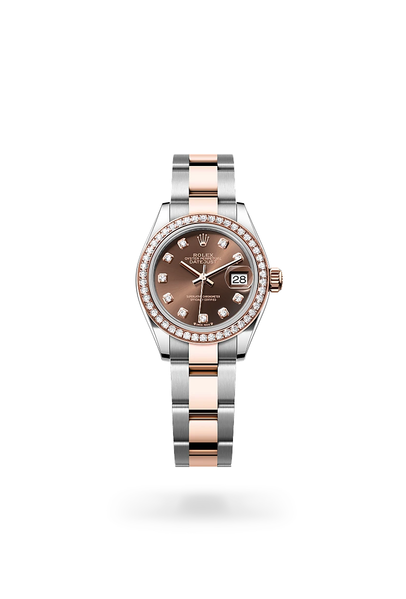 Rolex Lady-Datejust in 永恒玫瑰金鋼（蠔式鋼與永恒玫瑰金的組合） with 巧克力色，鑲鑽石 dial, 鑲鑽石 bezel, and 蠔式（Oyster），三格實心鏈節 bracelet