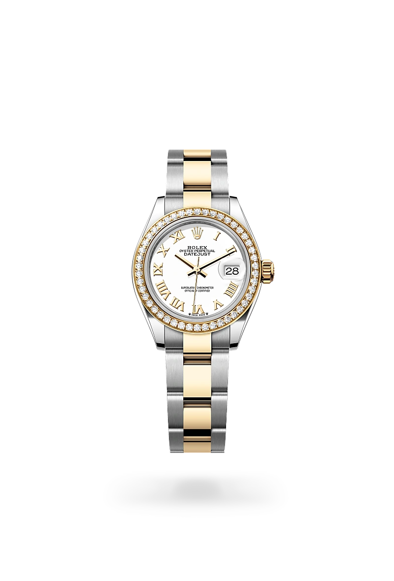 Rolex Lady-Datejust in 黃金鋼（蠔式鋼與黃金的組合） with 白色 dial, 鑲鑽石 bezel, and 蠔式（Oyster），三格實心鏈節 bracelet