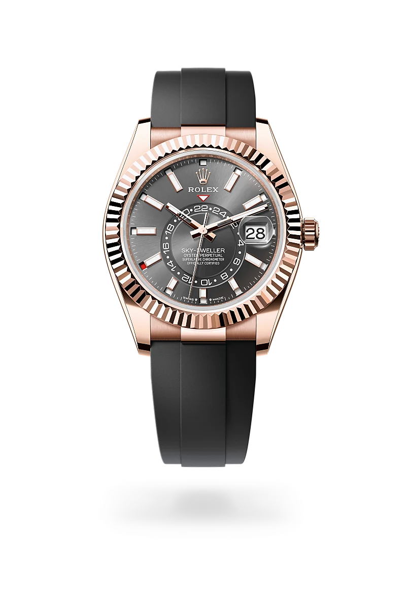 Rolex Sky-Dweller in 18K永恒玫瑰金 with 石板灰色 dial, 三角坑紋雙向旋轉勞力士Ring Command bezel, and Oysterflex bracelet