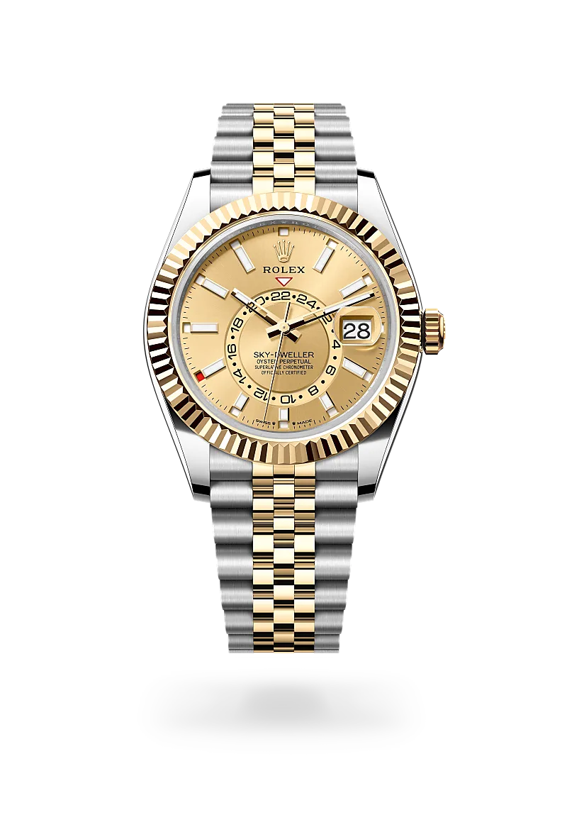 Rolex Sky-Dweller in 黃金鋼（蠔式鋼與黃金的組合） with 香檳色 dial, 三角坑紋雙向旋轉勞力士Ring Command bezel, and 紀念型（Jubilee），五格鏈節 bracelet