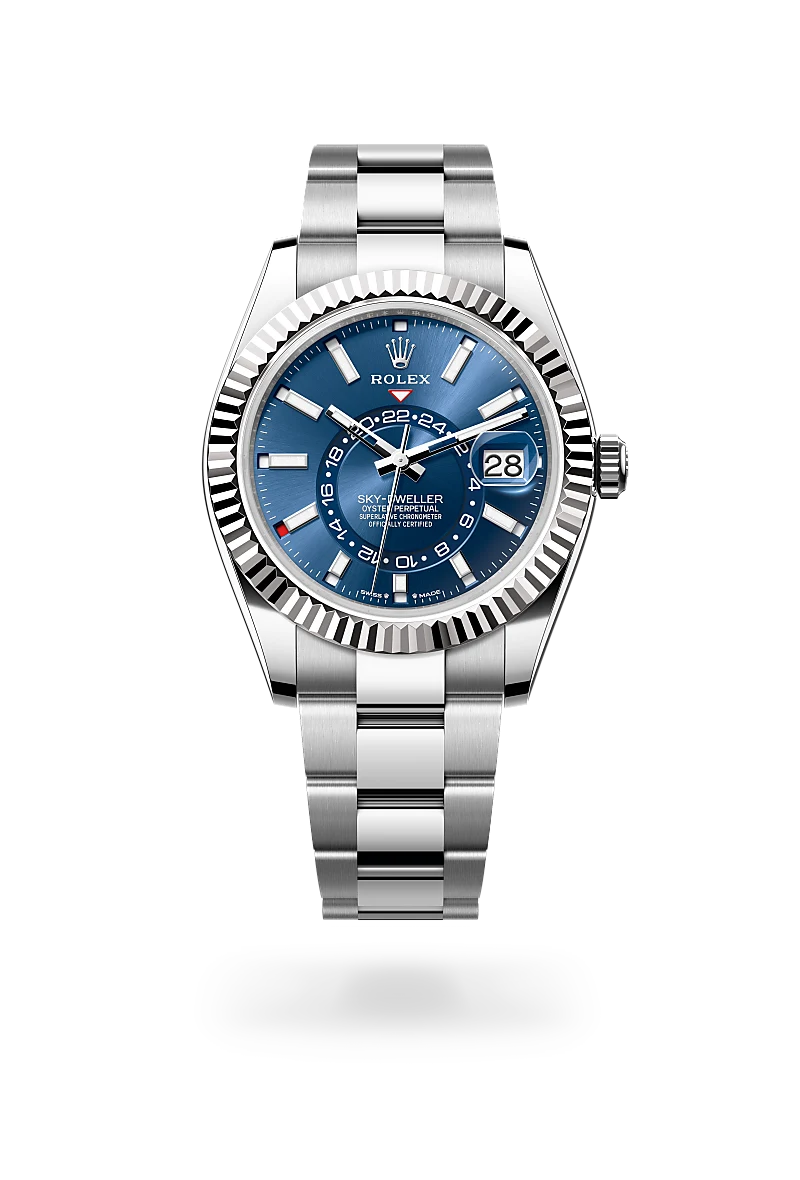 Rolex Sky-Dweller in 白色黃金鋼（蠔式鋼與白色黃金的組合） with 亮藍色 dial, 三角坑紋雙向旋轉勞力士Ring Command bezel, and 蠔式（Oyster），三格實心鏈節 bracelet