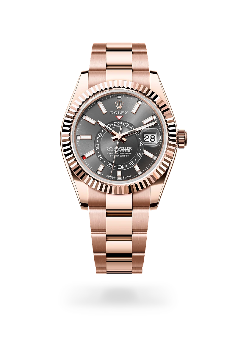 Rolex Sky-Dweller in 18K永恒玫瑰金 with 石板灰色 dial, 三角坑紋雙向旋轉勞力士Ring Command bezel, and 蠔式（Oyster），三格實心鏈節 bracelet