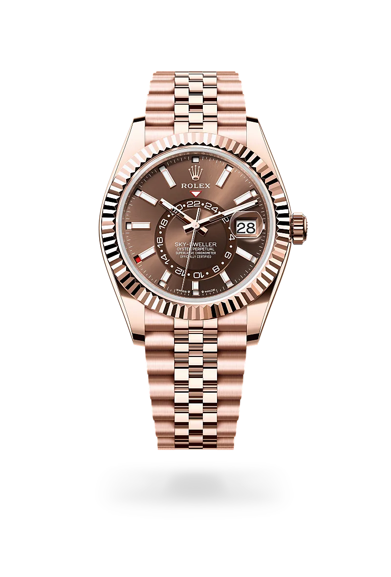 Rolex Sky-Dweller in 18K永恒玫瑰金 with 巧克力色 dial, 三角坑紋雙向旋轉勞力士Ring Command bezel, and 紀念型（Jubilee），五格鏈節 bracelet