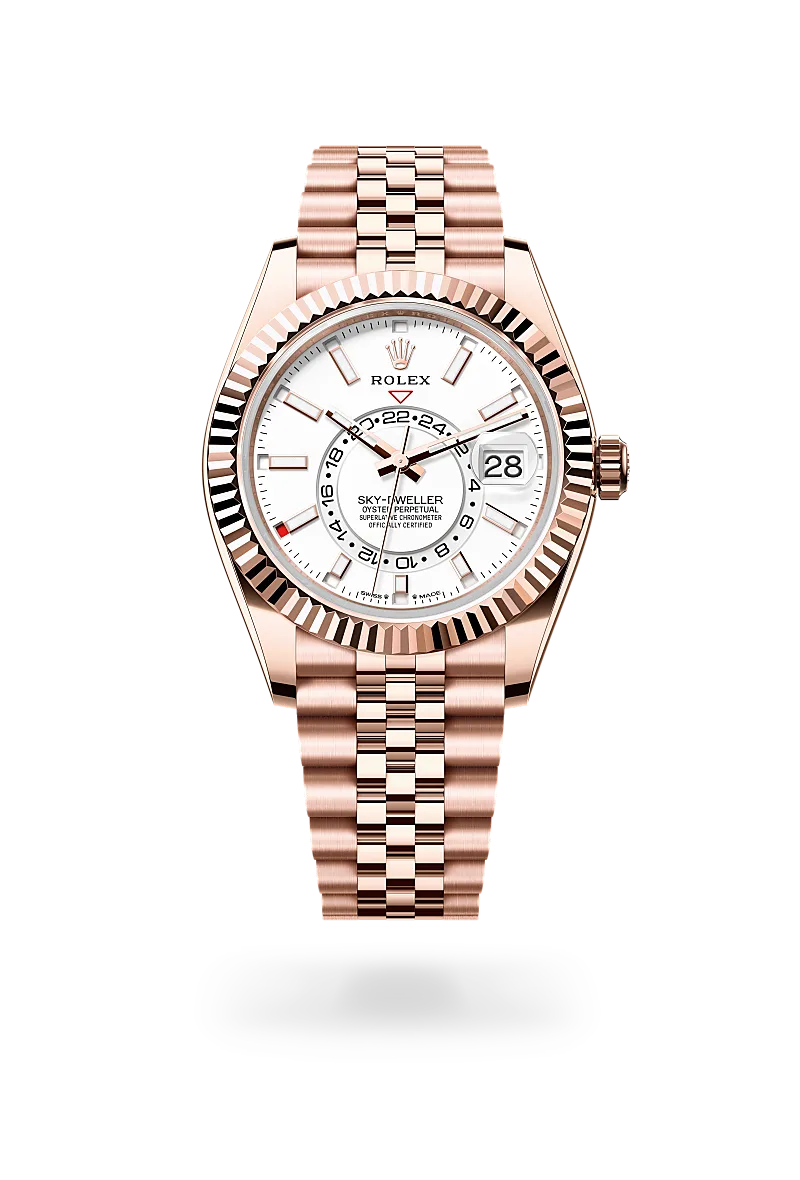 Rolex Sky-Dweller in 18K永恒玫瑰金 with 醇白色 dial, 三角坑紋雙向旋轉勞力士Ring Command bezel, and 紀念型（Jubilee），五格鏈節 bracelet