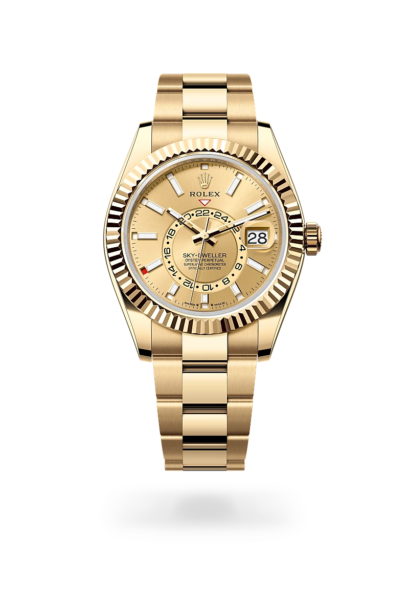 Rolex Sky-Dweller in 18K黃金 with 香檳色 dial, 三角坑紋雙向旋轉勞力士Ring Command bezel, and 蠔式（Oyster），三格實心鏈節 bracelet
