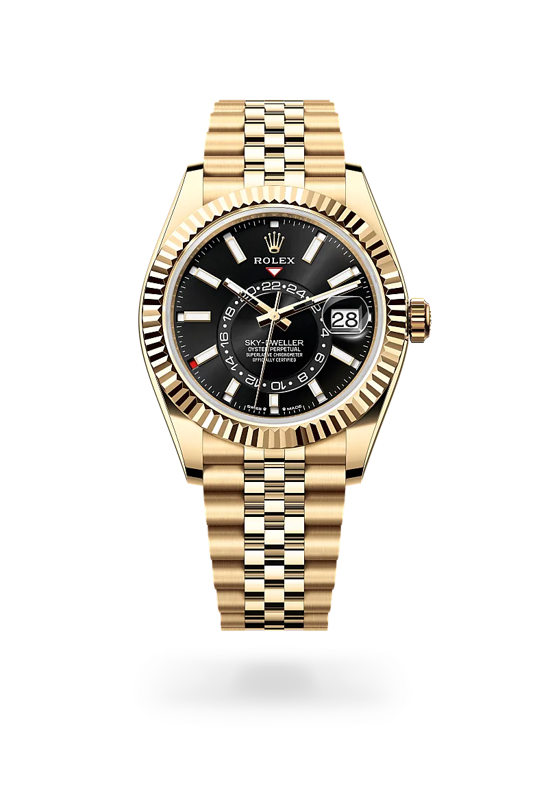 Rolex Sky-Dweller in 18K黃金 with 亮黑色 dial, 三角坑紋雙向旋轉勞力士Ring Command bezel, and 紀念型（Jubilee），五格鏈節 bracelet