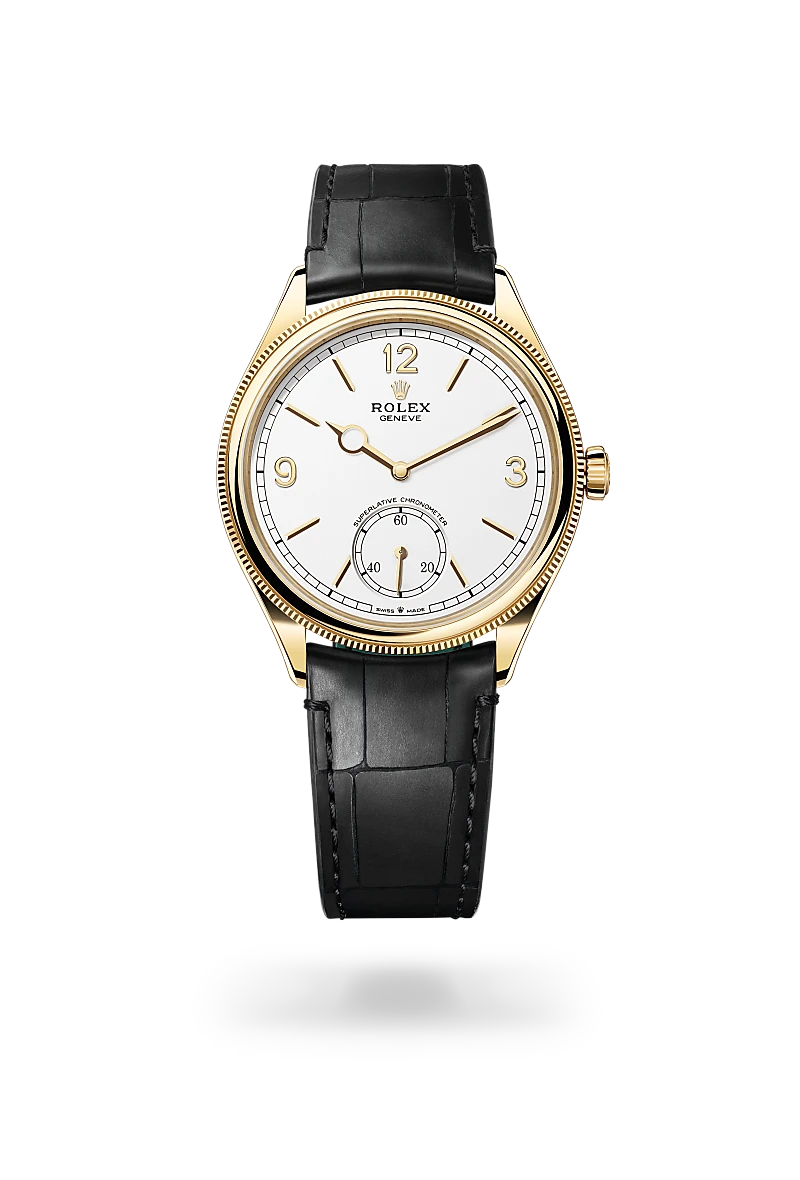 Rolex 1908 in 18 ct yellow gold with Intense white dial, Domed and fluted bezel, and Leather strap bracelet