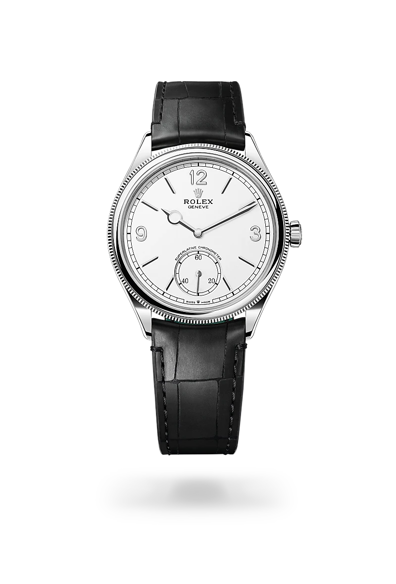 Rolex 1908 in 18 ct white gold with Intense white dial, Domed and fluted bezel, and Leather strap bracelet