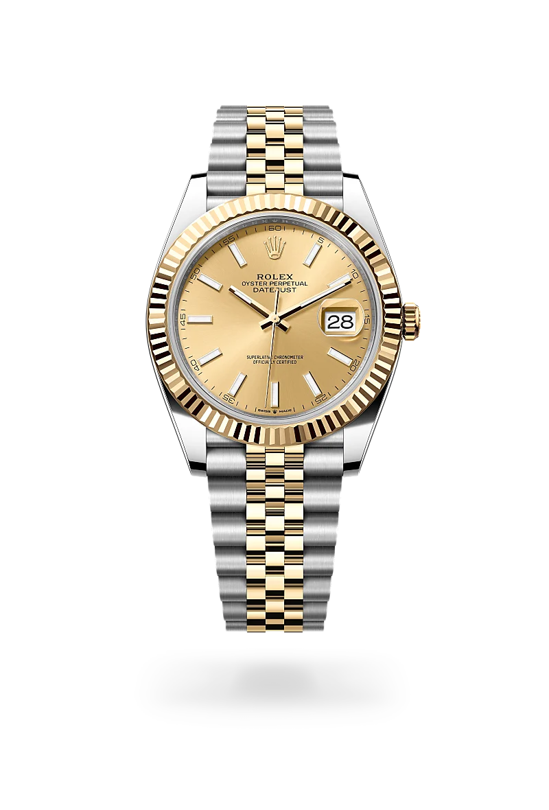 Rolex Datejust 41 in 黃金鋼（蠔式鋼與黃金的組合） with 香檳色 dial, 三角坑紋 bezel, and 紀念型（Jubilee），五格鏈節 bracelet