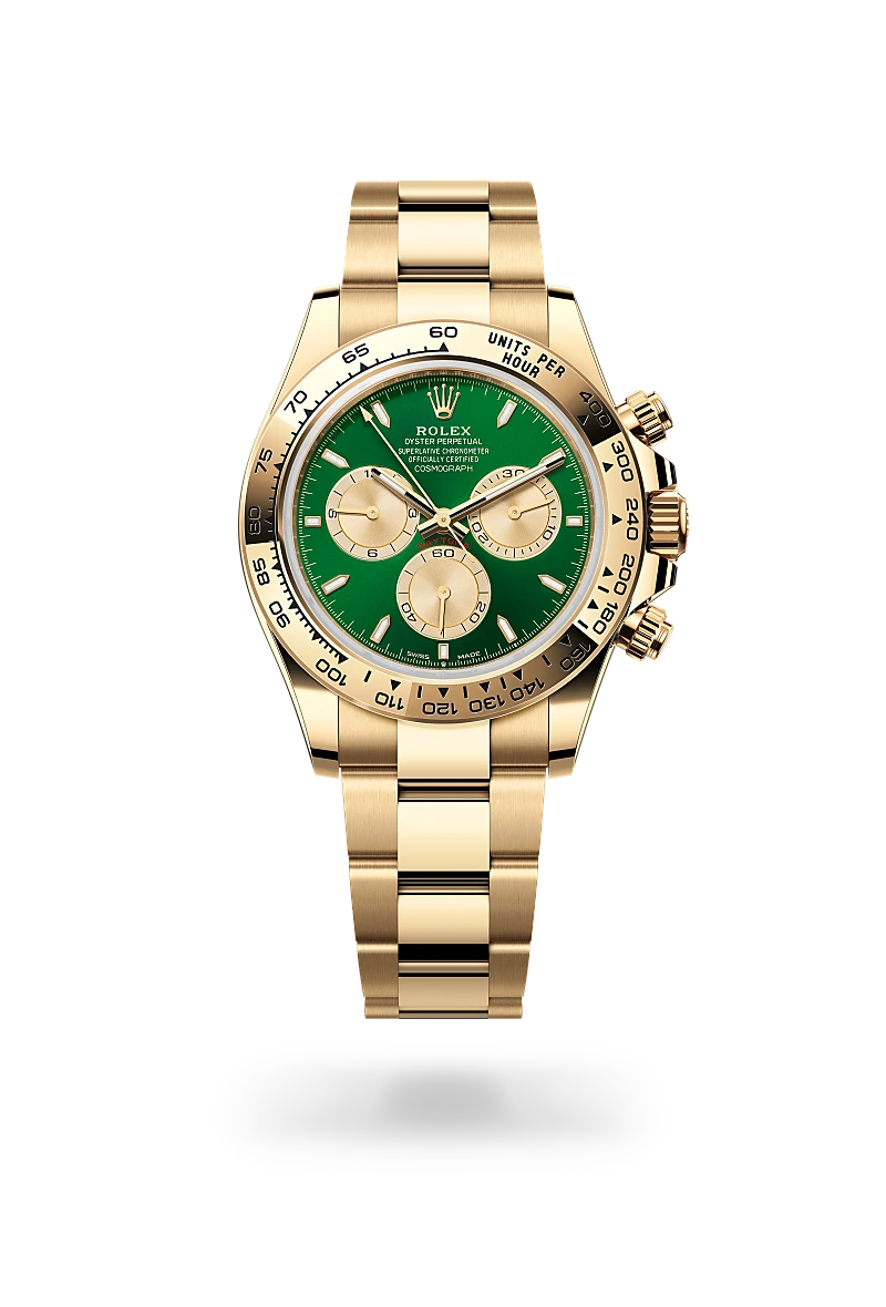 Rolex Cosmograph Daytona in 18K黃金 with 亮綠色及金色 dial, 18K黃金固定外圈連計速刻度 bezel, and 蠔式（Oyster），三格實心鏈節 bracelet