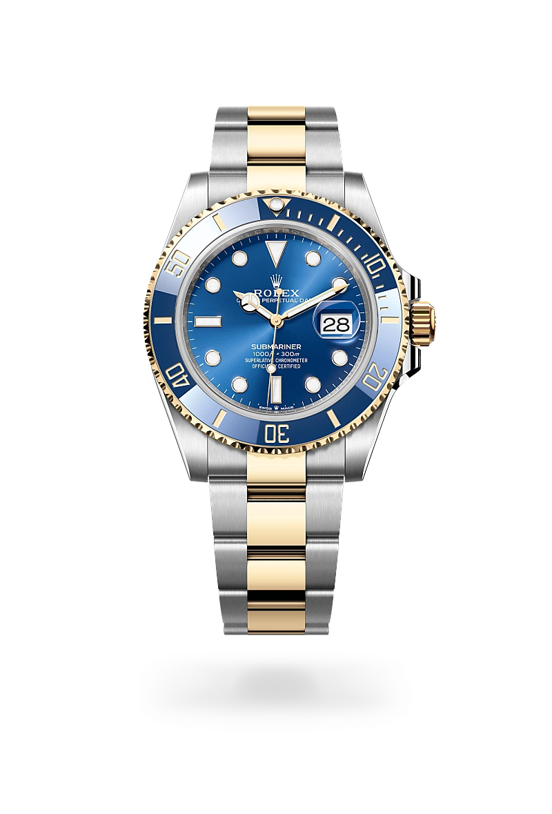 Rolex Submariner Date in 黃金鋼（蠔式鋼與黃金的組合） with 皇家藍色 dial, 單向旋轉60分鐘刻度外圈，配防刮損藍色Cerachrom陶質字圈，鍍金數字及刻度 bezel, and 蠔式（Oyster），三格實心鏈節 bracelet