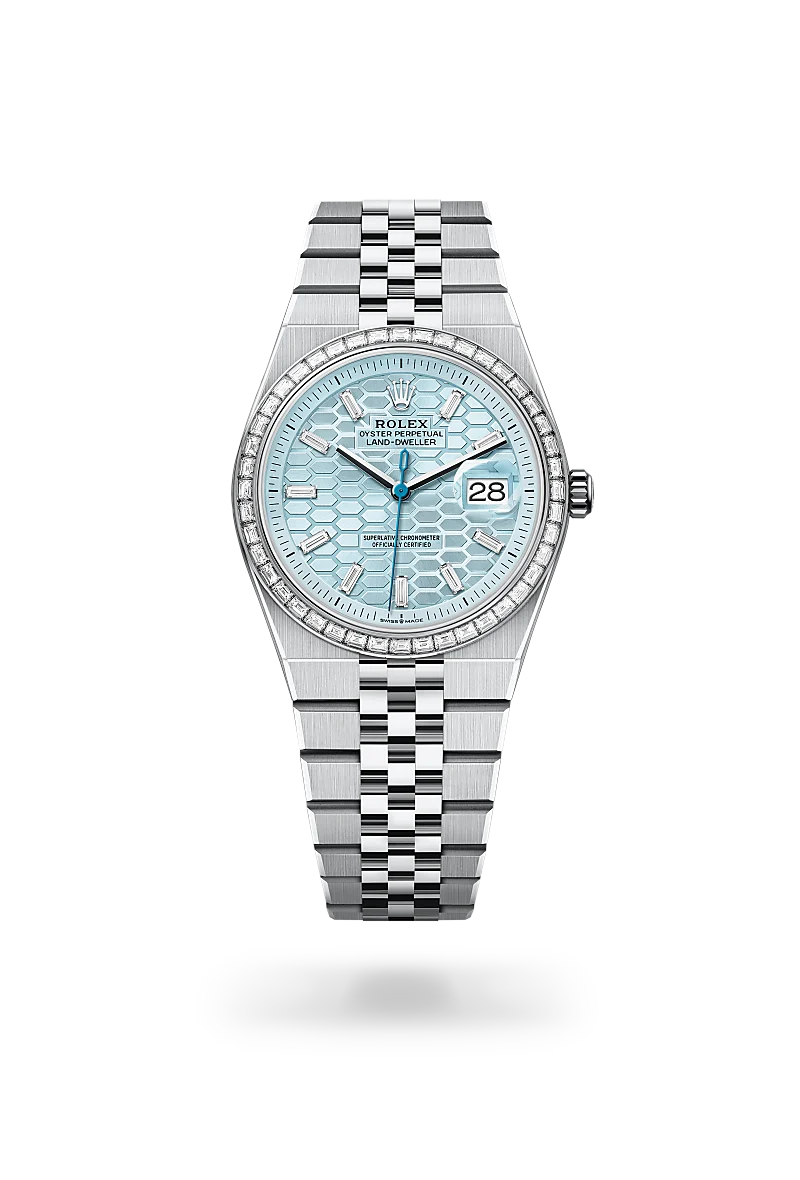 Rolex Land-Dweller 36 in 鉑金 with 冰藍色，蜂巢圖案，鑲鑽石 dial, 鑲鑽石 bezel, and 纖薄紀念型（Flat Jubilee），五格實心鏈節 bracelet