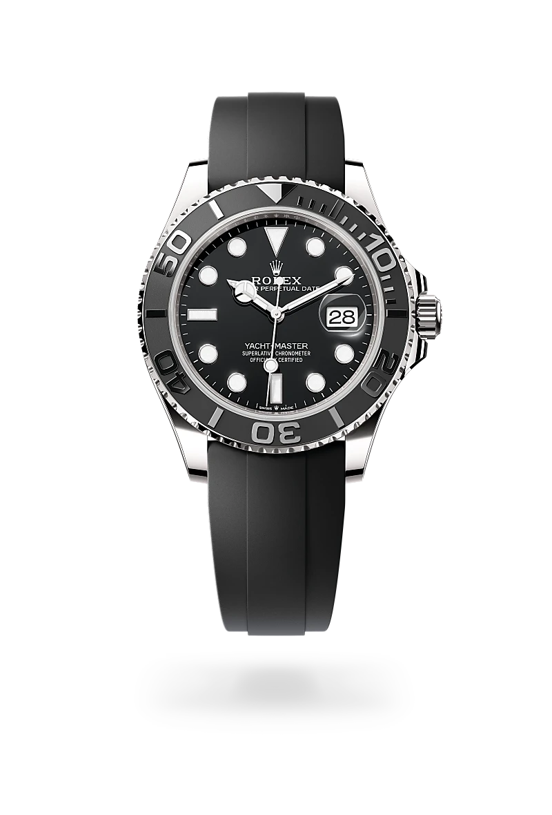 Rolex Yacht-Master 42 in 18K白色黃金 with 黑色 dial, 雙向旋轉60分鐘刻度外圈，配啞黑色Cerachrom陶質字圈、磨光立體數字及刻度 bezel, and Oysterflex bracelet
