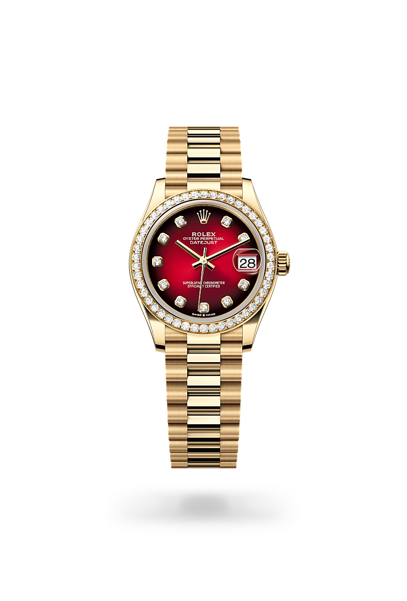 Rolex Datejust 31 in 18K黃金 with 漸變紅色，鑲鑽石 dial, 鑲鑽石 bezel, and 元首型（President），三格拱形鏈節 bracelet