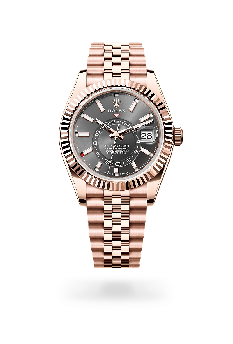 Rolex Sky-Dweller in 18K永恒玫瑰金 with 石板灰色 dial, 三角坑紋雙向旋轉勞力士Ring Command bezel, and 紀念型（Jubilee），五格鏈節 bracelet